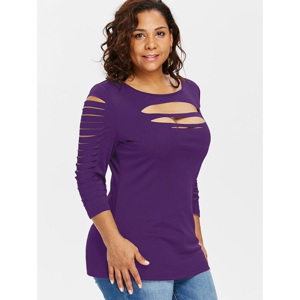 ☀ Purple Plus Size Long Sleeve Shredded Top ☀ - Picture 2 of 8